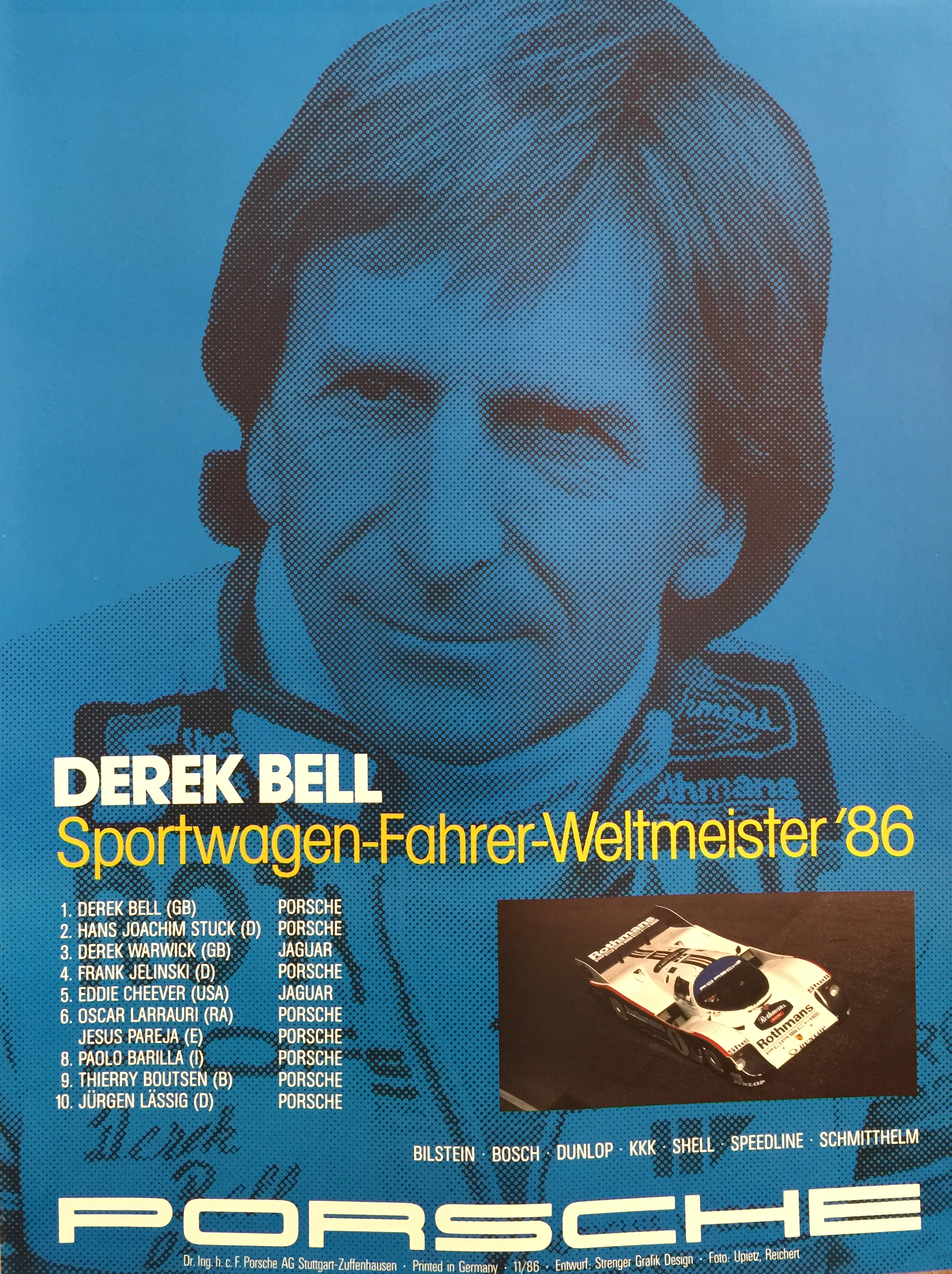 Derek Bell Sportwagen Porsche 1986 Original Vintage Poster