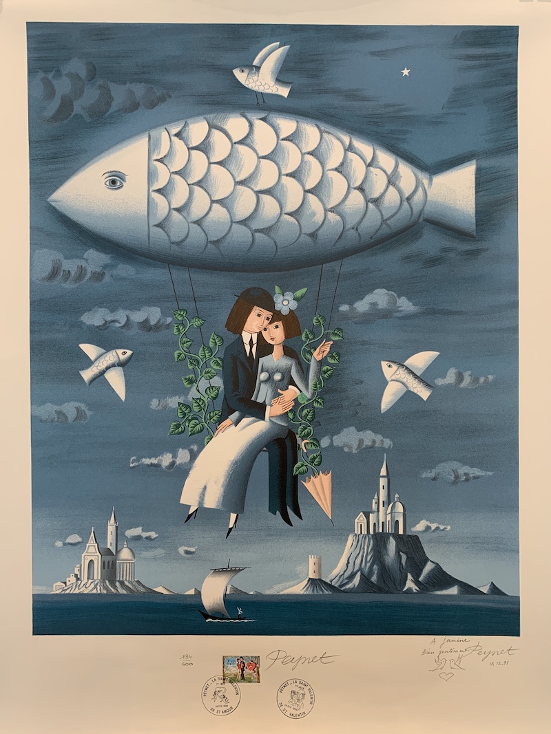 Peynet Fish Balloon Singed Original Vintage Poster