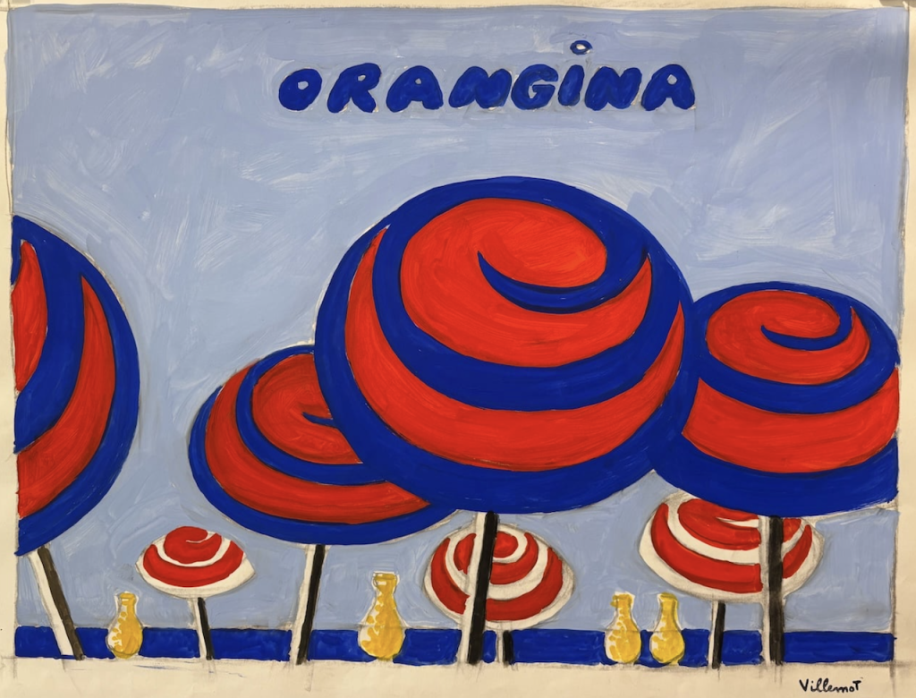 Maquette is a French word meaning “sketch”, it is generally used to describe a preliminary drawing or designs of artworks or an artist concepts. Maquettes are generally intended to serve as rough models of larger designs. Architects make maquettes of their buildings, and sculptors often create maquettes in wax or clay to help them realise the final sculpture. In these maquettes by Villemot, we can see ideas forming around shape, colour, theme and design which are used in in his later finished works. These original gouache works are a a unique insight into the working mind of the artist. These works are in the not only rare but they offer a ‘behind the scenes’ look into some of the most well-known advertisements by Villemot known worldwide. 